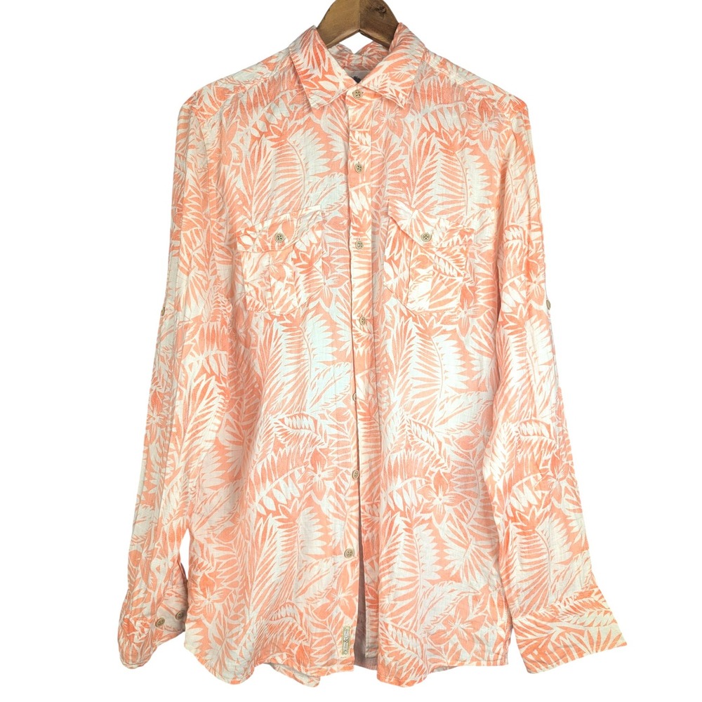 M Linen Ocean & Coast Womens Peach Coral White Tropical Palm Button Down Shirt